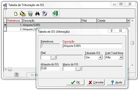 Grid e tela de edição da tabela de tributação do ISS