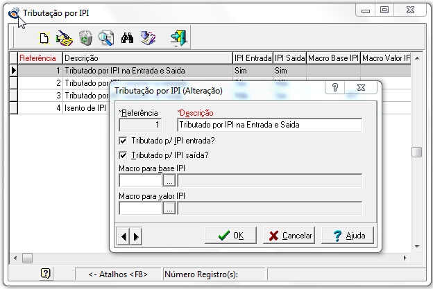 Grid e tela de edição da tabela de configurações do IPI
