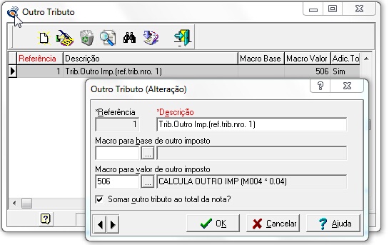 Grid e tela de edição da tabela de configuração de Outros impostos