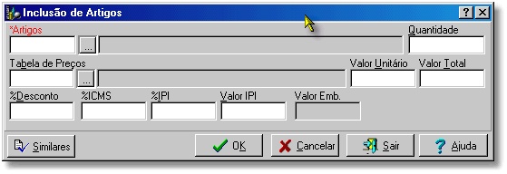 Tela de Artigos do Orcamento