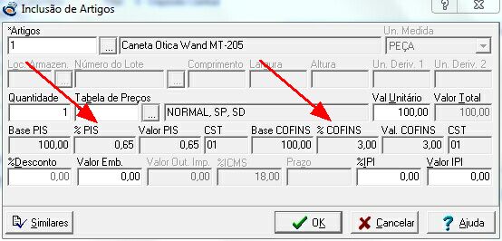 Tela mostrando cálculo do PIS/COFINS na digitação de um artigo na venda.